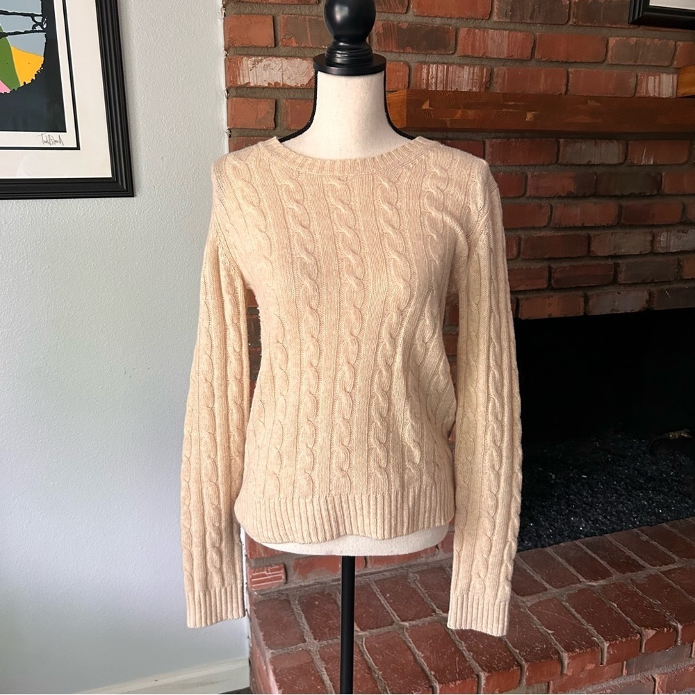 Wood Wood Merino Wool Cable Knit Crew Neck Sweater in Tan Sz S